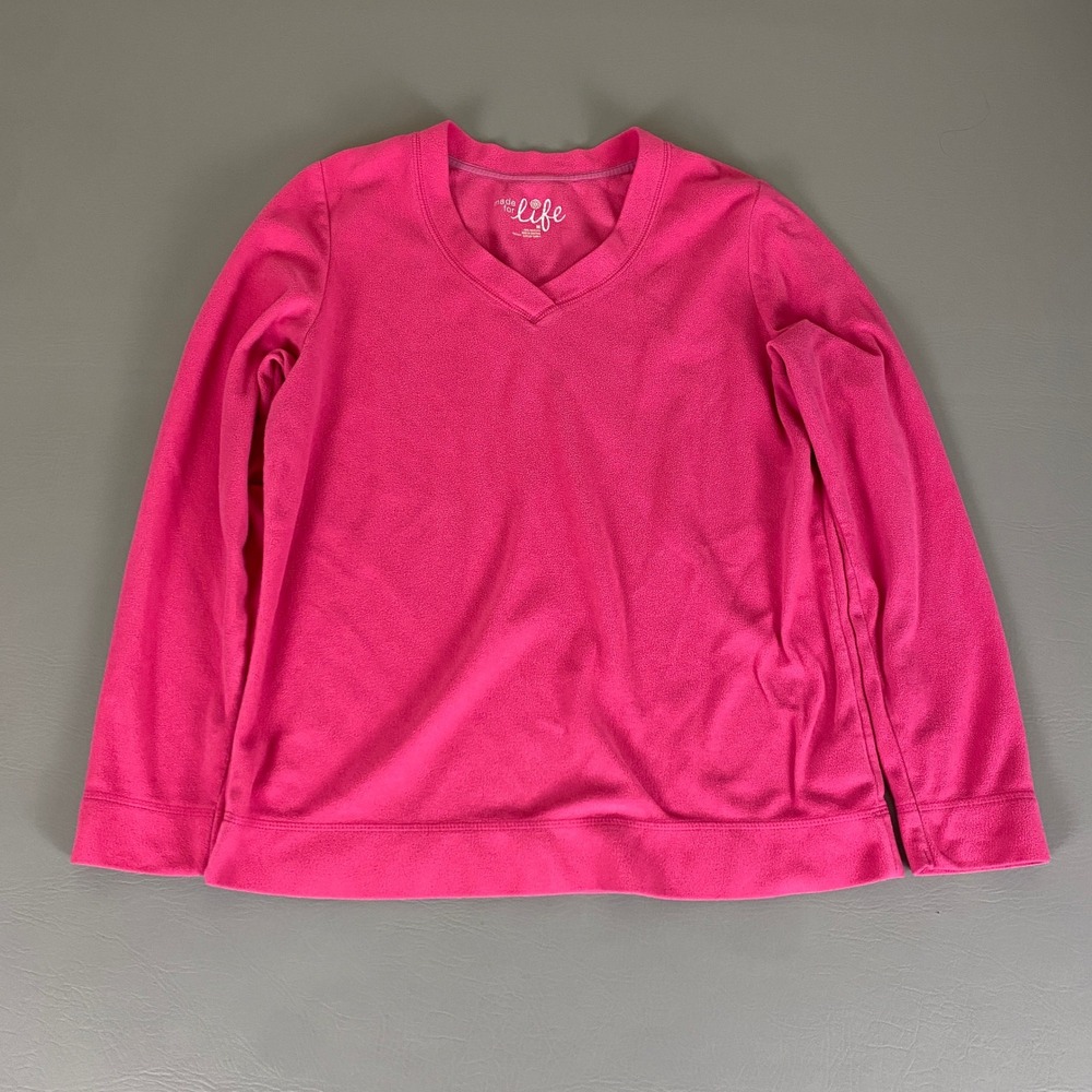 Made For Life Pink Fleece Sweater Top Women's Size M V Neck Long Sleeve Pullover